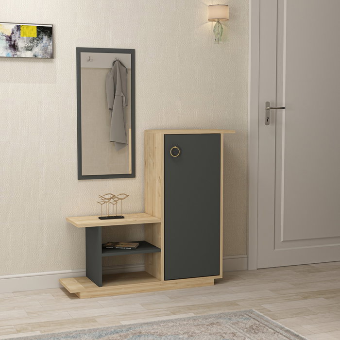 Hanah Home Recibidor Asia Escandinavo Roble y Antracita con Espejo y Almacenamiento 80x90x29.5cm